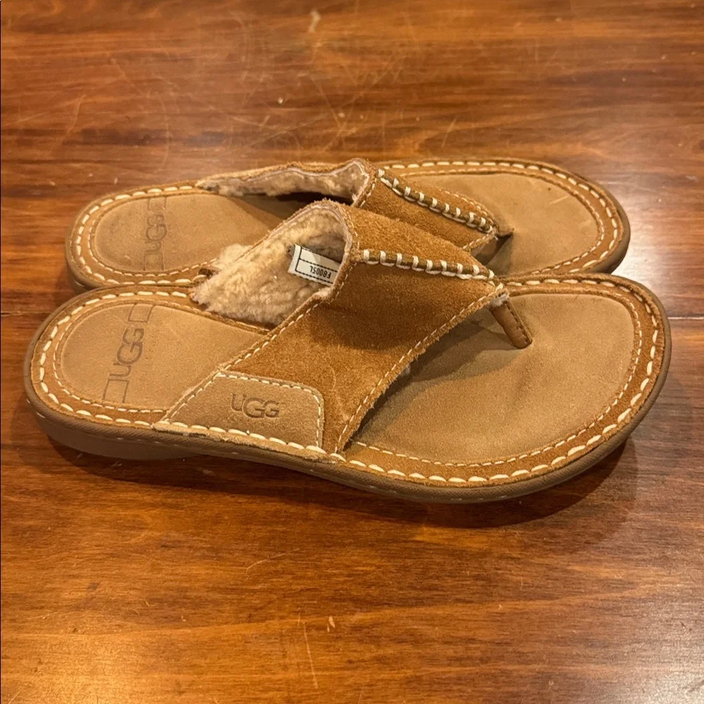 UGG Layback Flip Flop Suede Chestnut Brown Tan Kids Size 3 Sandal Shearling